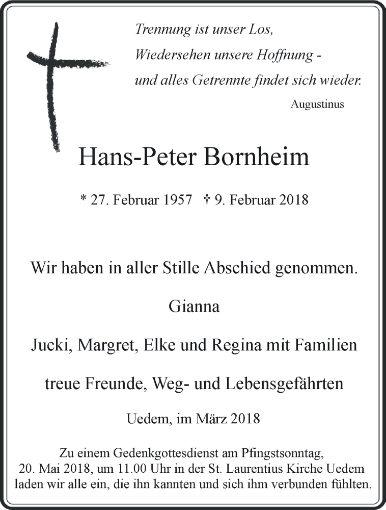  Traueranzeige für Hans-Peter Bornheim vom 17.03.2018 aus 