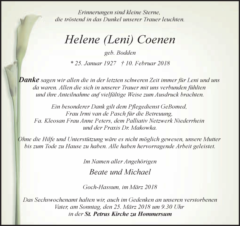  Traueranzeige für Helene Coenen vom 17.03.2018 aus 