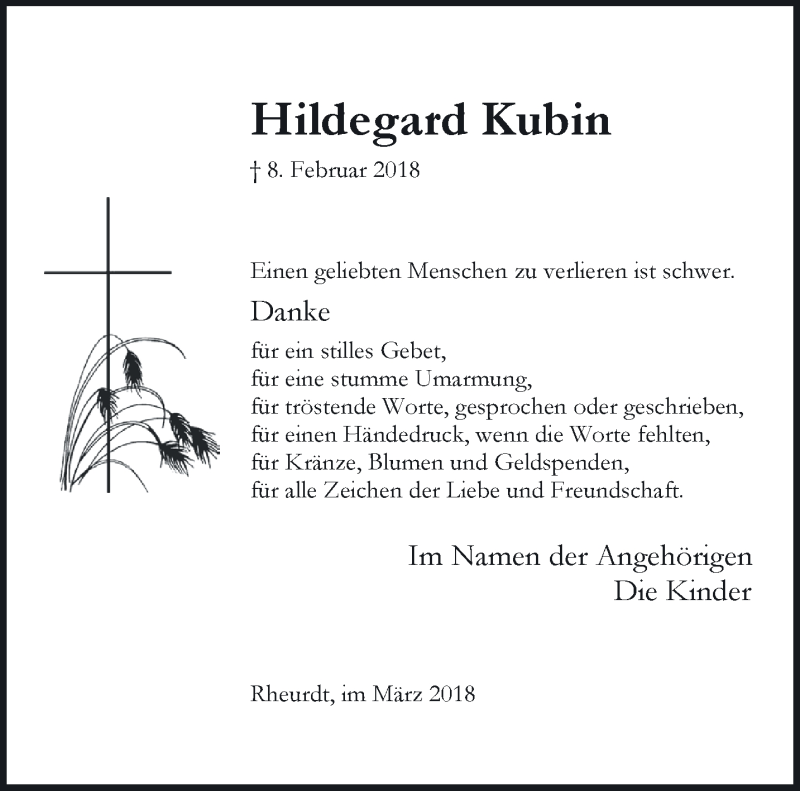  Traueranzeige für Hildegard Kubin vom 24.03.2018 aus 