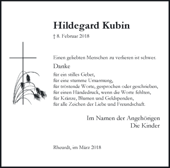Traueranzeige von Hildegard Kubin 