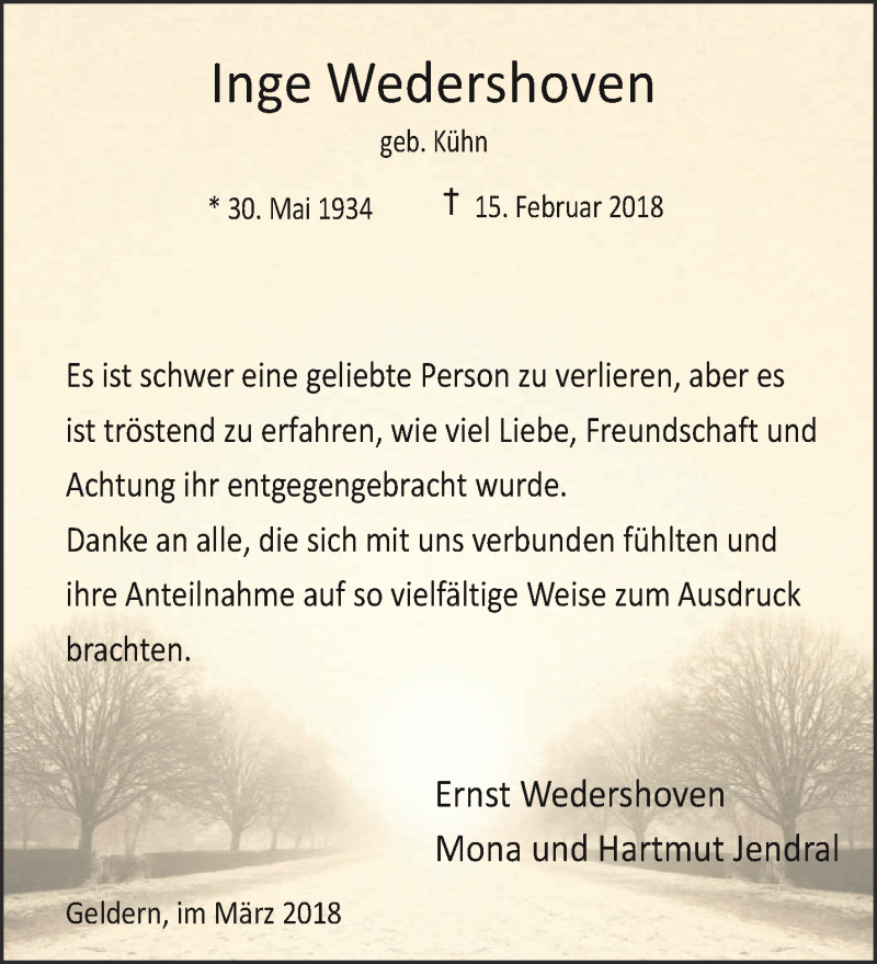  Traueranzeige für Inge Wedershoven vom 17.03.2018 aus 