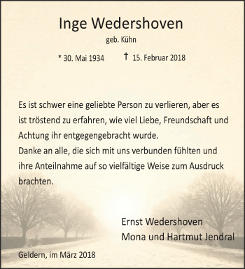 Traueranzeige von Inge Wedershoven 