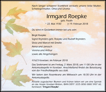 Traueranzeige von Irmgard Roepke 