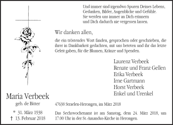 Traueranzeige von Maria Verbeek 