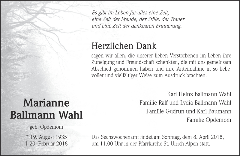 Traueranzeige für Marianne Ballmann Wahl vom 31.03.2018 aus 