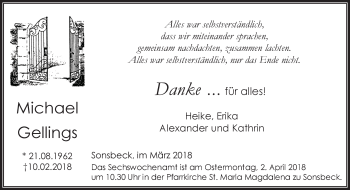 Traueranzeige von Michael Gellings 