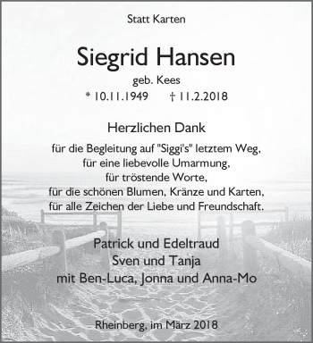 Traueranzeige von Siegrid Hansen 