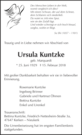 Traueranzeige von Ursula Kuntzke 