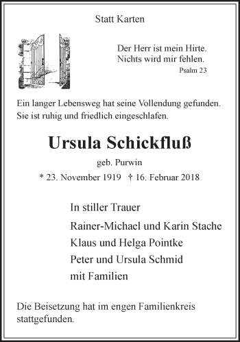 Traueranzeige von Ursula Schickfluß 