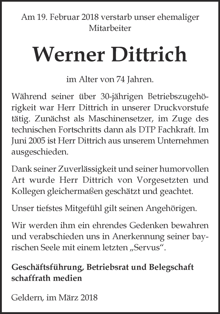  Traueranzeige für Werner Dittrich vom 03.03.2018 aus 