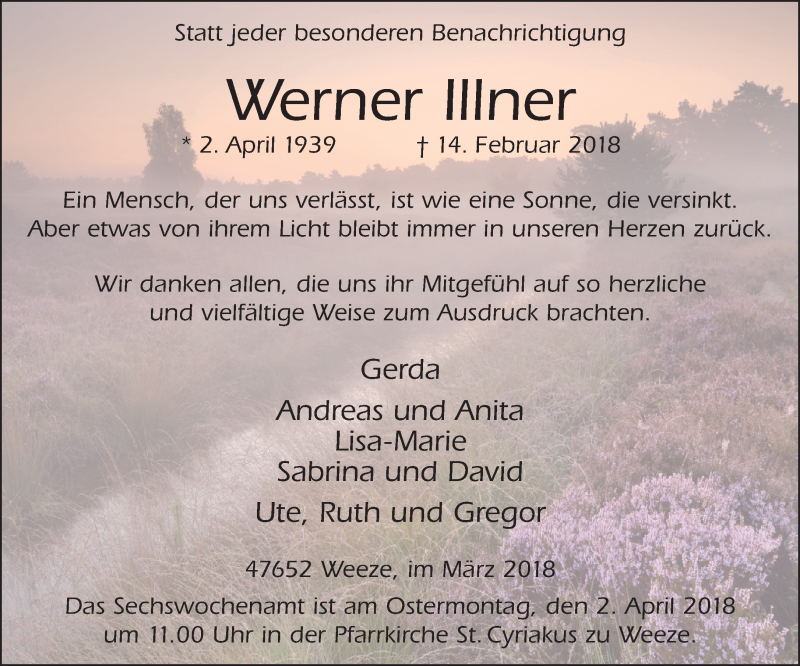  Traueranzeige für Werner Illner vom 24.03.2018 aus 