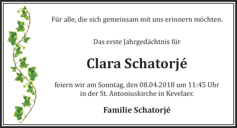  Traueranzeige für Clara Schatorjé vom 07.04.2018 aus 
