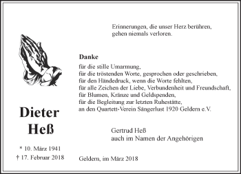 Traueranzeige von Dieter Heß 