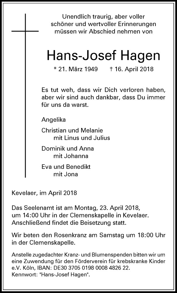  Traueranzeige für Hans-Josef Hagen vom 21.04.2018 aus 