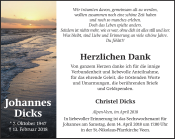 Traueranzeige von Johannes Dicks 