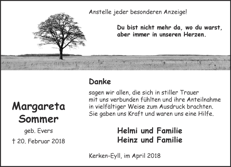 Traueranzeige für Margareta Sommer vom 07.04.2018 aus 
