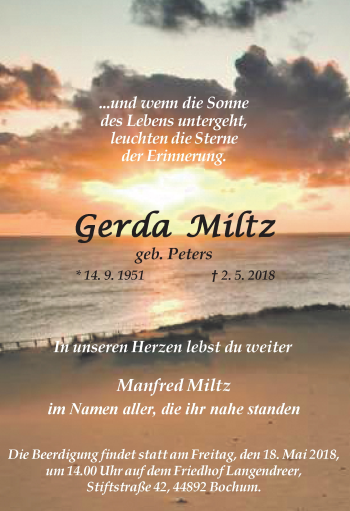 Traueranzeige von Gerda Miltz 