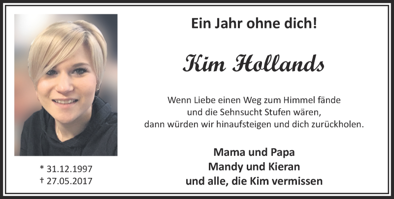  Traueranzeige für Kim Hollands vom 26.05.2018 aus 