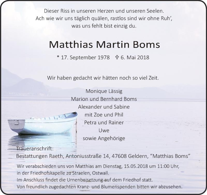  Traueranzeige für Matthias Martin Boms vom 12.05.2018 aus 