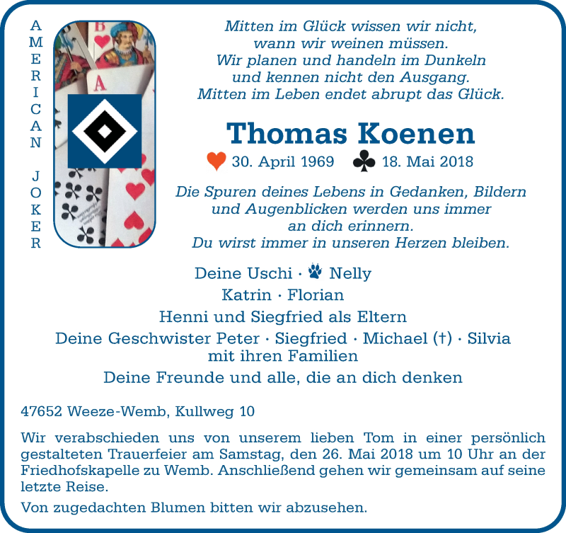  Traueranzeige für Thomas Koenen vom 23.05.2018 aus 