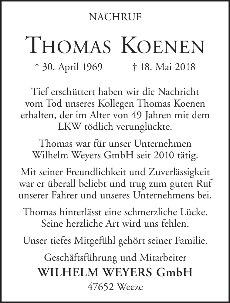 Traueranzeige für Thomas Koenen vom 26.05.2018 aus 