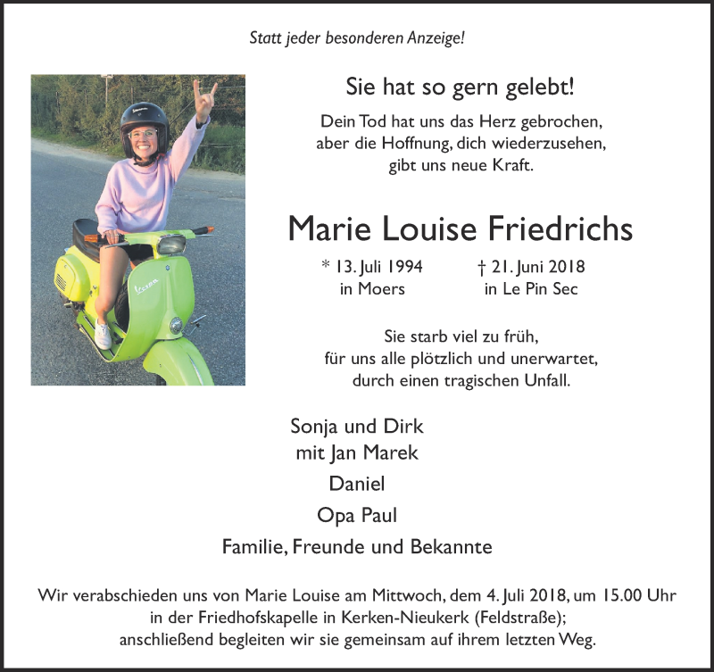  Traueranzeige für Marie Louise Friedrichs vom 30.06.2018 aus 