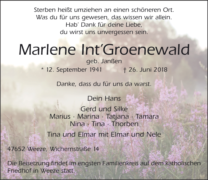  Traueranzeige für Marlene Int’Groenewald vom 30.06.2018 aus 