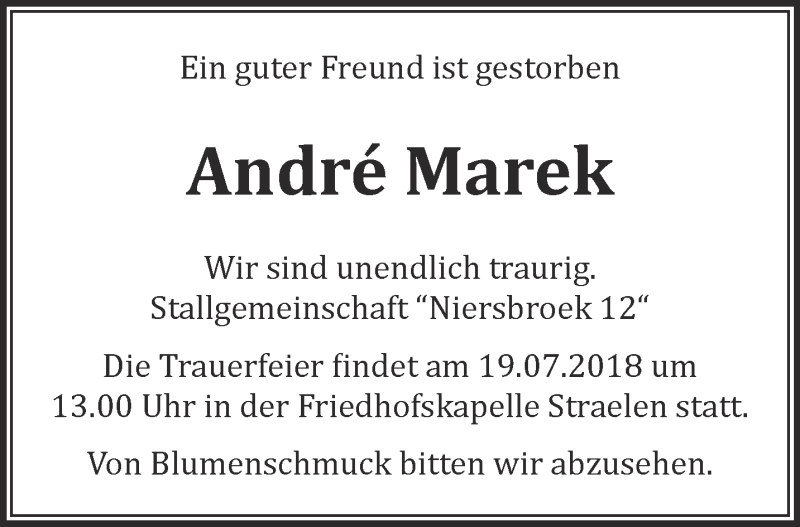  Traueranzeige für Andre Marek vom 18.07.2018 aus 