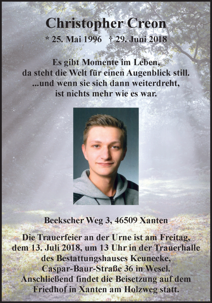  Traueranzeige für Christopher Creon vom 04.07.2018 aus 