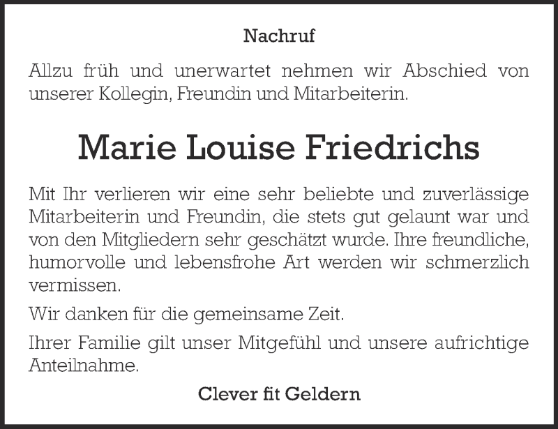  Traueranzeige für Marie Louise Friedrichs vom 11.07.2018 aus 