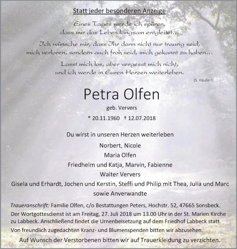  Traueranzeige für Petra Olfen vom 18.07.2018 aus 