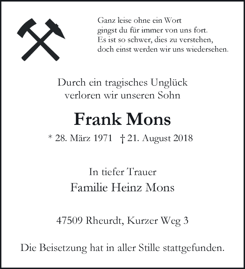  Traueranzeige für Frank Mons vom 29.08.2018 aus 
