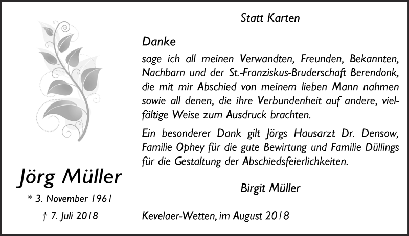  Traueranzeige für Jörg Müller vom 04.08.2018 aus 