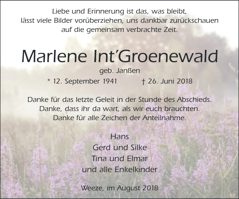  Traueranzeige für Marlene Int’Groenewald vom 11.08.2018 aus 