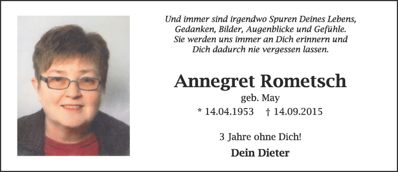  Traueranzeige für Annegret Rometsch vom 08.09.2018 aus 