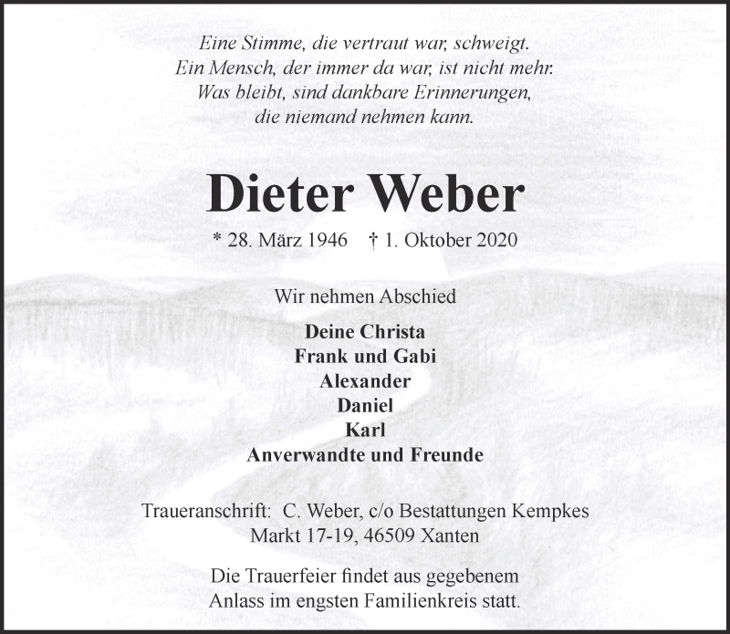  Traueranzeige für Dieter Weber vom 07.10.2020 aus 