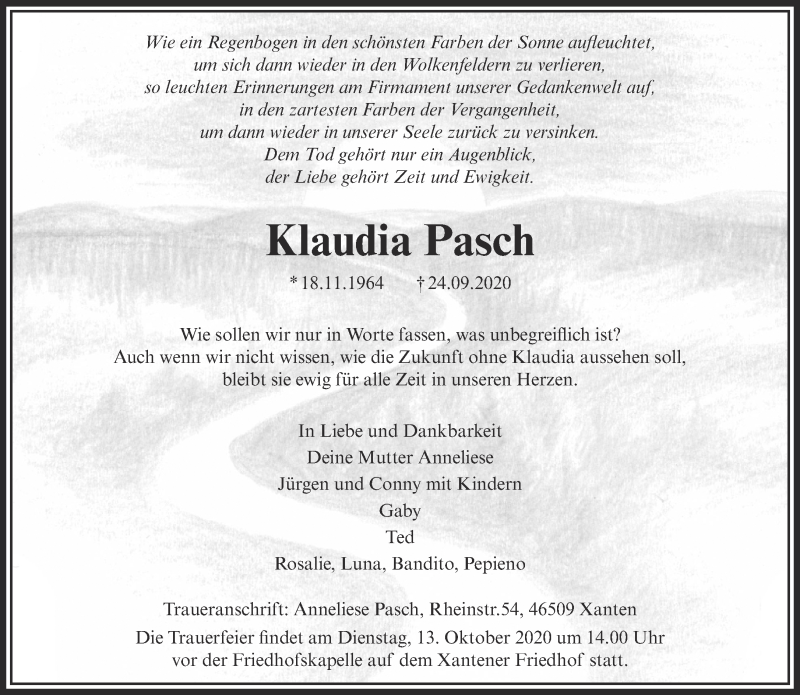  Traueranzeige für Klaudia Pasch vom 10.10.2020 aus 