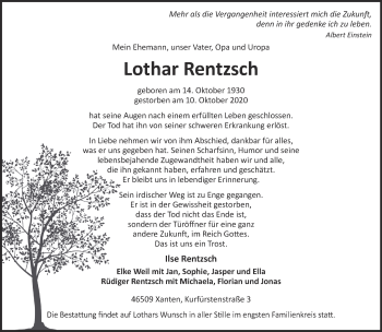 Traueranzeige von Lothar Rentzsch 