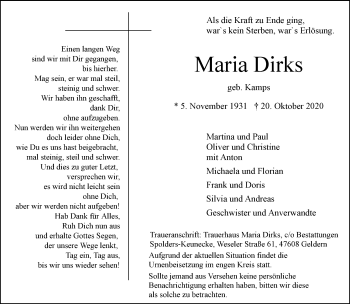 Traueranzeige von Maria Dirks 