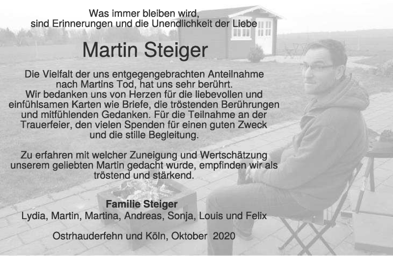  Traueranzeige für Martin Steiger vom 10.10.2020 aus 