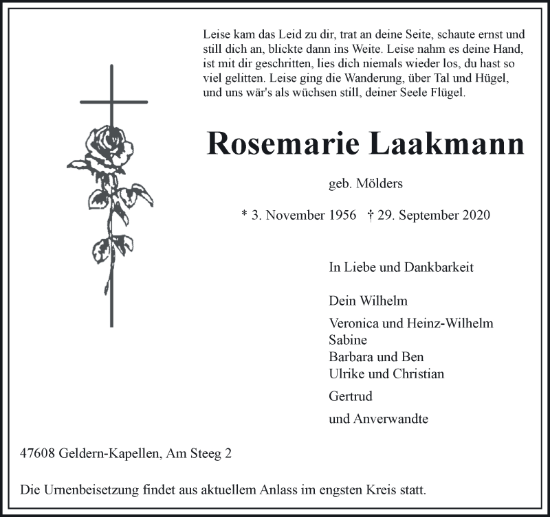  Traueranzeige für Rosemarie Laakmann vom 07.10.2020 aus 