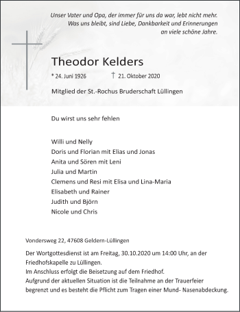 Traueranzeige von Theodor Kelders 