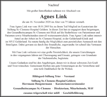 Traueranzeige von Agnes Link 
