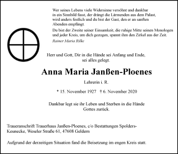 Traueranzeige von Anna Maria Janßen-Ploenes 