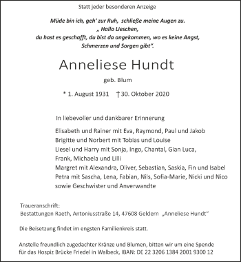 Traueranzeige von Anneliese Hundt 