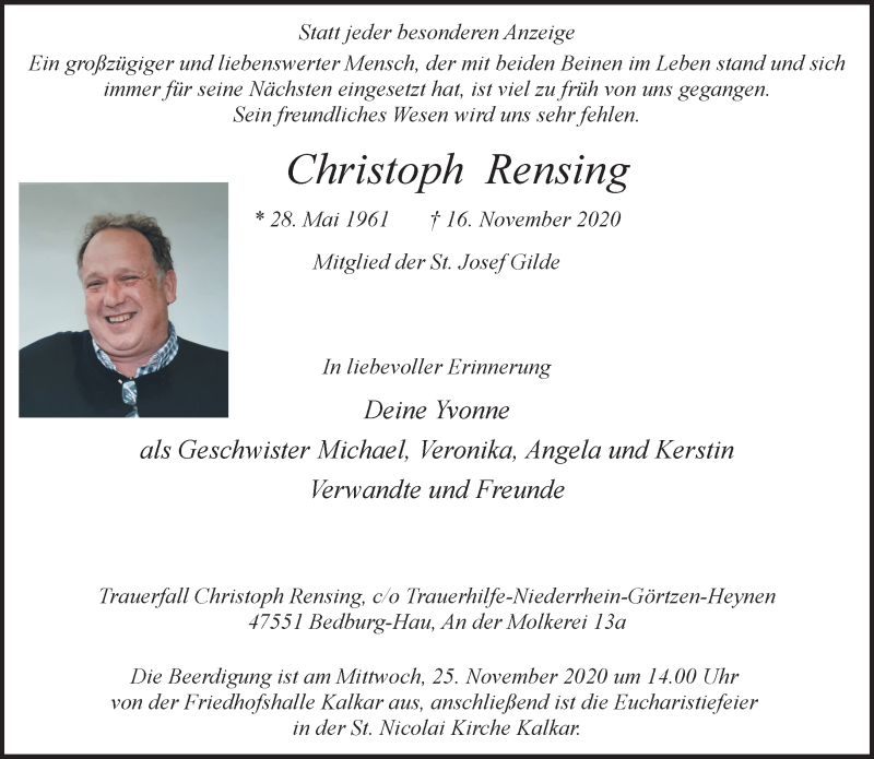  Traueranzeige für Christoph Rensing vom 21.11.2020 aus 