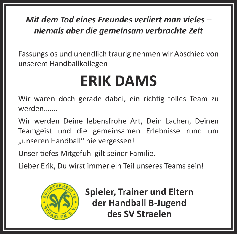  Traueranzeige für Erik Dams vom 21.11.2020 aus 