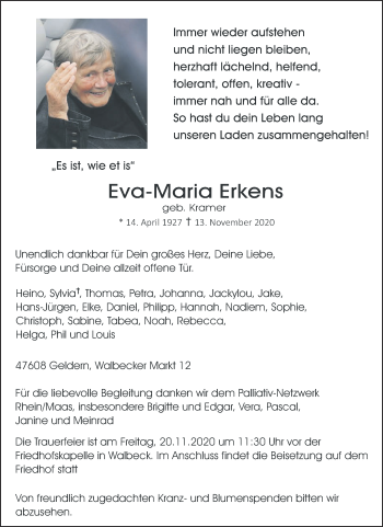 Traueranzeige von Eva-Maria Erkens 