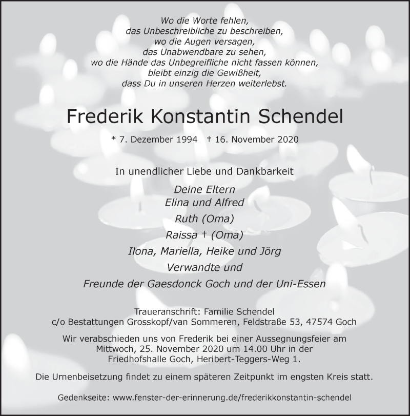  Traueranzeige für Frederik Konstantin Schendel vom 21.11.2020 aus 