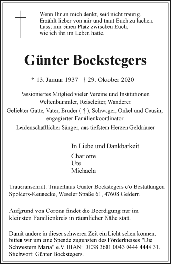 Traueranzeige von Günter Bockstegers 